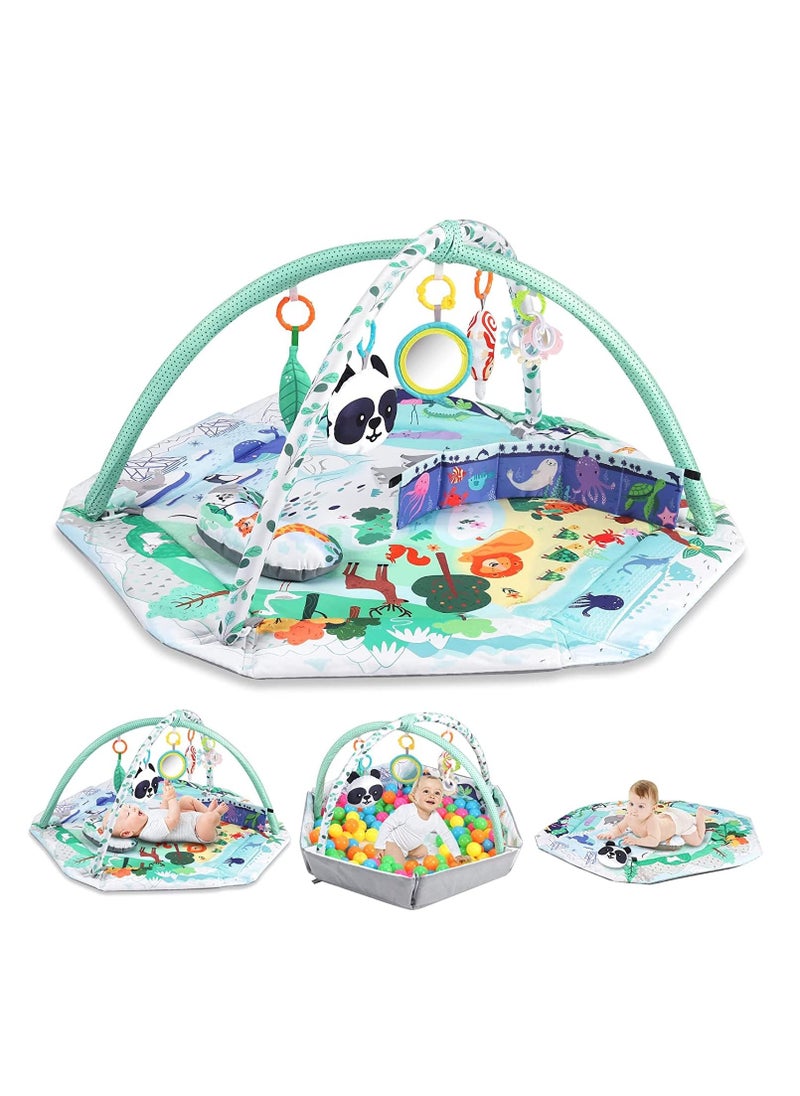 4-in-1 Baby Play Gym Mat, Tummy Time Mat and Baby Activity Gym and Ball Pit for Sensory Exploration and Motor Skill Development, Includes 5 Toys, Self-Discovery Mirror and Tummy Time Pillow