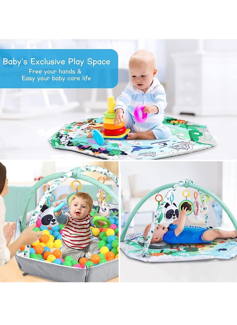 4-in-1 Baby Play Gym Mat, Tummy Time Mat and Baby Activity Gym and Ball Pit for Sensory Exploration and Motor Skill Development, Includes 5 Toys, Self-Discovery Mirror and Tummy Time Pillow