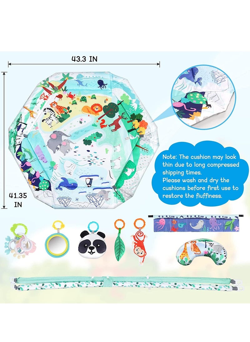 4-in-1 Baby Play Gym Mat, Tummy Time Mat and Baby Activity Gym and Ball Pit for Sensory Exploration and Motor Skill Development, Includes 5 Toys, Self-Discovery Mirror and Tummy Time Pillow