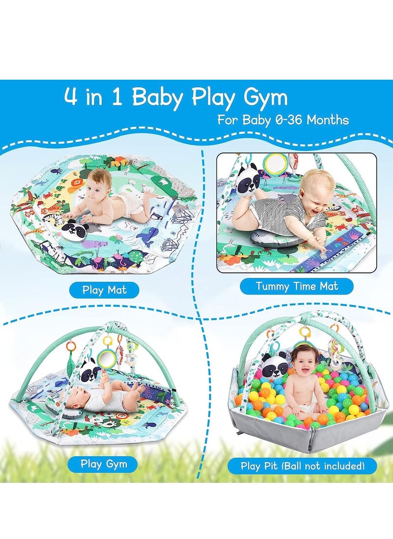 4-in-1 Baby Play Gym Mat, Tummy Time Mat and Baby Activity Gym and Ball Pit for Sensory Exploration and Motor Skill Development, Includes 5 Toys, Self-Discovery Mirror and Tummy Time Pillow