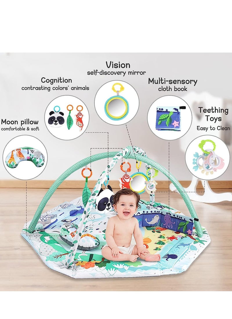 4-in-1 Baby Play Gym Mat, Tummy Time Mat and Baby Activity Gym and Ball Pit for Sensory Exploration and Motor Skill Development, Includes 5 Toys, Self-Discovery Mirror and Tummy Time Pillow