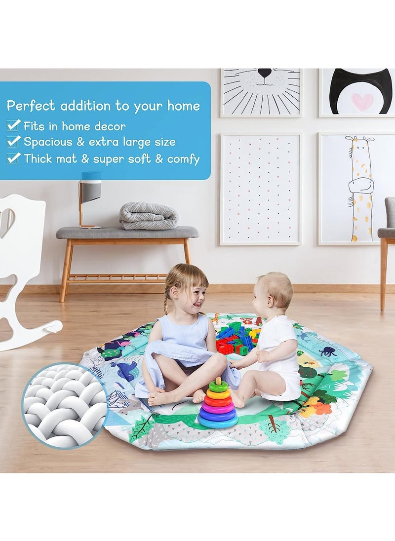 4-in-1 Baby Play Gym Mat, Tummy Time Mat and Baby Activity Gym and Ball Pit for Sensory Exploration and Motor Skill Development, Includes 5 Toys, Self-Discovery Mirror and Tummy Time Pillow