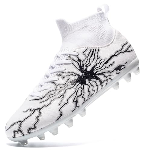 HRJR Men's Soccer Cleats Football Cleats for Unisex-Adult High-Top Spikes Shoes for Youth Big Boys Lightweight Professional Training Turf Outdoor Athletic Sneaker White 10 - Image 1