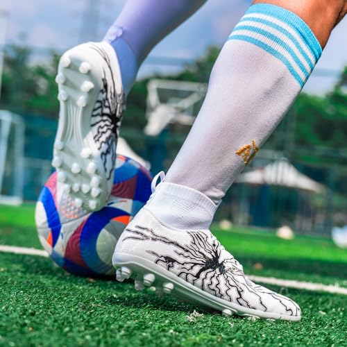 HRJR Men's Soccer Cleats Football Cleats for Unisex-Adult High-Top Spikes Shoes for Youth Big Boys Lightweight Professional Training Turf Outdoor Athletic Sneaker White 10 - Image 2