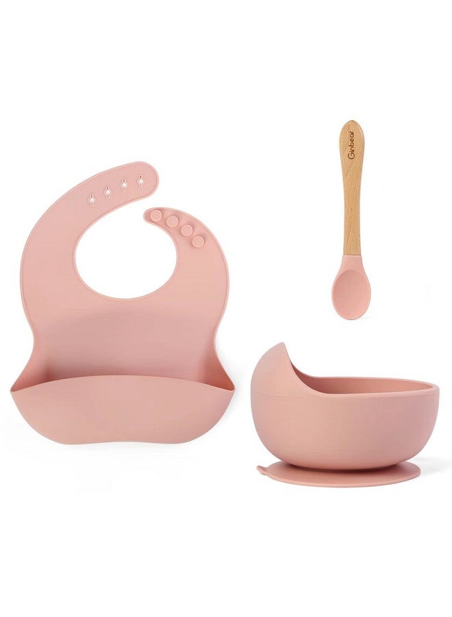 Ginbear Baby Bowls with Suction, Silicone Bibs, Self Feeding Spoons, Led Weaning Supplies, Toddler Eating Set for Ages 6 Months+ (Baby Pink) - Image 1