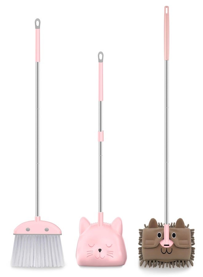 nacena Mini Broom with Dustpan & Mop for Kids, 28-in Handle Kids Brooms and Dustpan Set for Toddlers Cat-Shaped Children Broom and Cleaning Set Boys Girls Small Housekeeping Helper Sets, Pink - Image 1