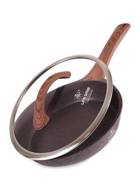 24cm (1.7 Liter) LIFE SMILE Granite Coated Smart Fry Pan With Lid - Multi Layer Granite Non Stick Coating Pan | Heat-Resistant Handle Hanging Loop | 100% PFOA FREE | induction base