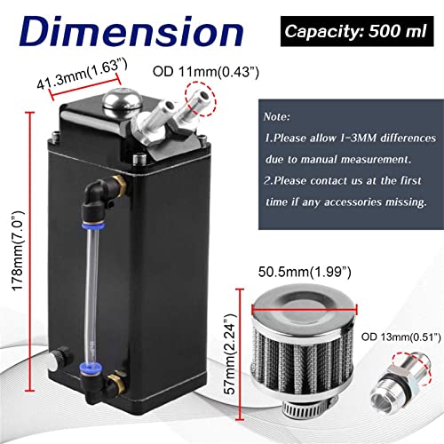 RULLINE Oil Catch Can Square Shape Aluminum Reservoir with Breather Filter 500ML Black - Image 3