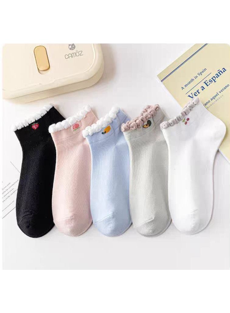 Unisex Cute Fruit Embroidered Ankle Socks with Ruffled Cuffs - Image 2