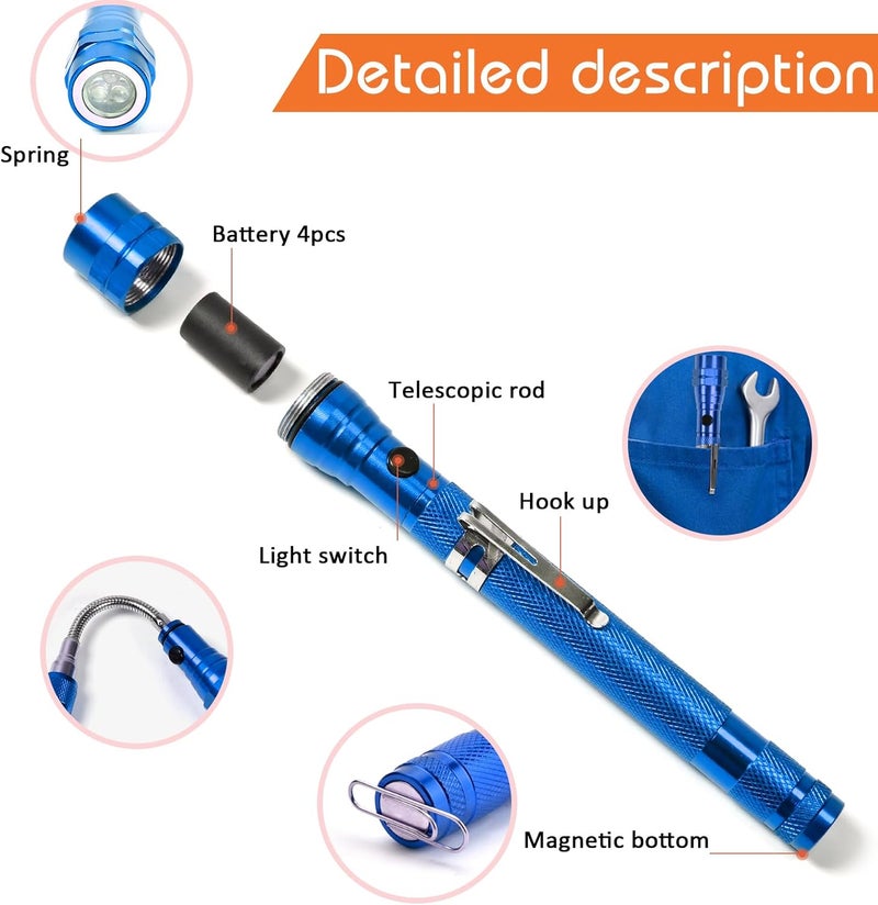 KUCHEY Magnetic Flashlight Pickup Tool Dad Gifts Cool Magnet Telescoping Gadgets with LED Gifts for Mens Husband Him Blue - Image 3