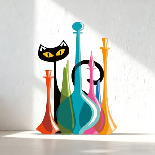 BrightRow Cat Metal Wall Art Decor Retro Mid Century Modern Atomic Cat Colorful Glass Decanters Wall Hanging Decor for Home Bedroom Living Room Bathroom Kitchen Office Garden - Image 4