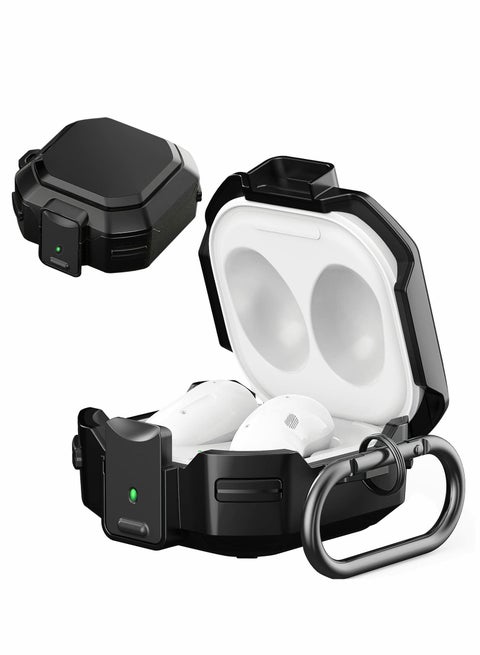Armor Case Cover for Samsung Galaxy Buds Pro, Galaxy Buds Live, Galaxy Buds 2 Case Cover with Security Lock, Hard Rugged PC Shockproof Case Cover with Keychain/Straps -black