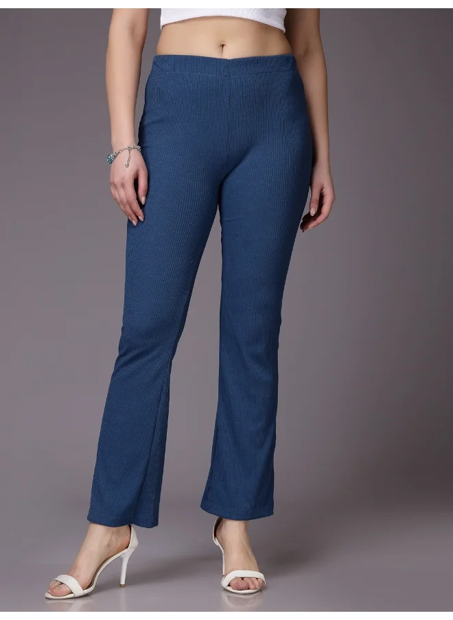 مرفوعة Ink Blue Women Fit And Flare Casual Solid Regular Fit And Flare Trouser