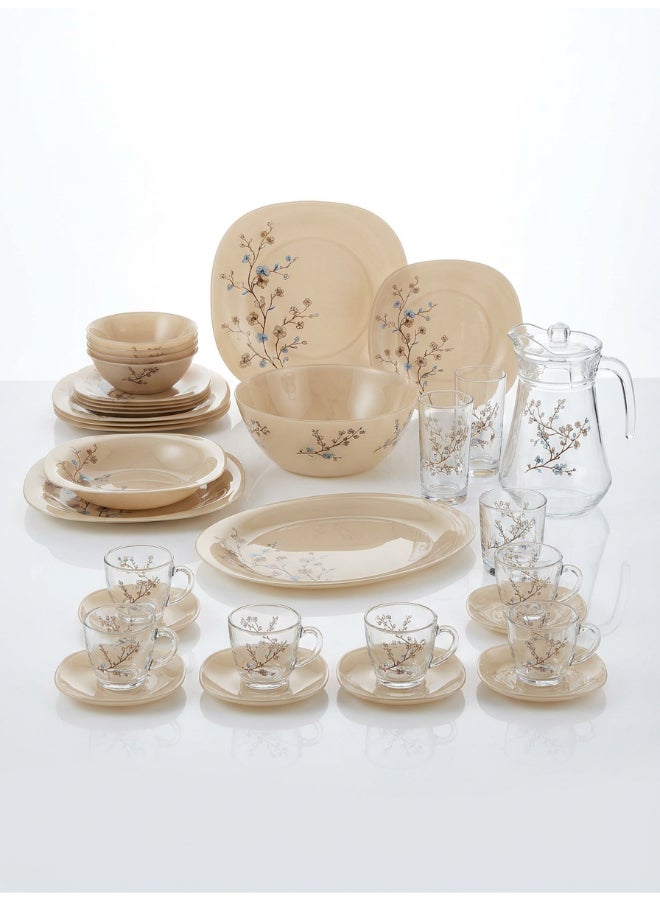 Luminarc Neo Carina Hana Beige 46 Piece Dinner Set includes 6 x 27cm Dinner Plates, 6 x 21cm Soup Plates, 6 x 19.6 cm Dessert Plates, 6 x 12 cm Bowls, 1x 27cm Salad Bowl, 1 x 35 cm Oval Platter,   6x 22cl Cup, 6 x 14cm Saucer, 6 x 27cl Tumbler, 1.6 L Jug with Lid, Tempered High Qualtiy Glass, Chip resistant, Microwave Safe - Image 1