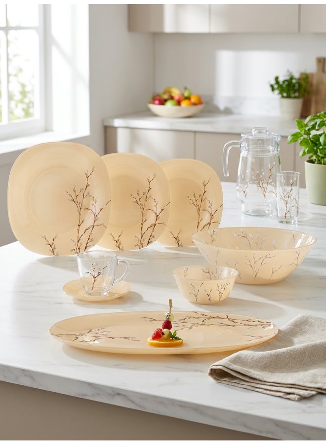 Luminarc Neo Carina Hana Beige 46 Piece Dinner Set includes 6 x 27cm Dinner Plates, 6 x 21cm Soup Plates, 6 x 19.6 cm Dessert Plates, 6 x 12 cm Bowls, 1x 27cm Salad Bowl, 1 x 35 cm Oval Platter,   6x 22cl Cup, 6 x 14cm Saucer, 6 x 27cl Tumbler, 1.6 L Jug with Lid, Tempered High Qualtiy Glass, Chip resistant, Microwave Safe - Image 2
