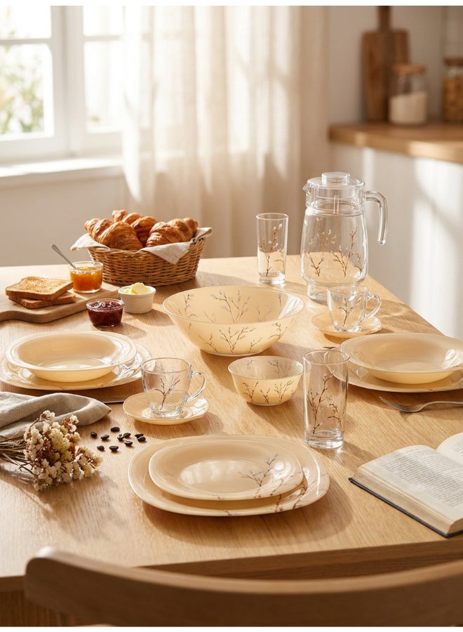 Luminarc Neo Carina Hana Beige 46 Piece Dinner Set includes 6 x 27cm Dinner Plates, 6 x 21cm Soup Plates, 6 x 19.6 cm Dessert Plates, 6 x 12 cm Bowls, 1x 27cm Salad Bowl, 1 x 35 cm Oval Platter,   6x 22cl Cup, 6 x 14cm Saucer, 6 x 27cl Tumbler, 1.6 L Jug with Lid, Tempered High Qualtiy Glass, Chip resistant, Microwave Safe - Image 3