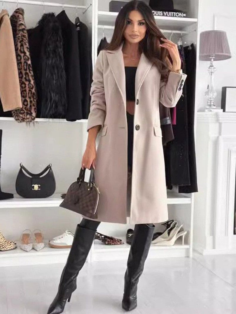 YUNIQEE Beige Lapel Collar Longline Solid Jacket - Image 1