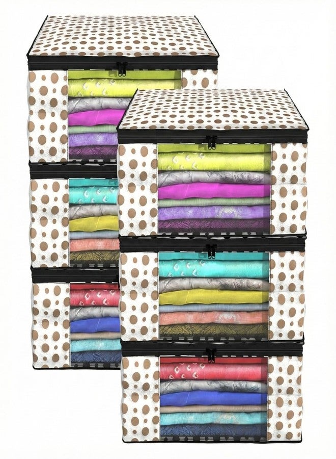 AKX Saree Covers for Wardrobe – Set of 4 | White & Brown Dots Printed Cloth Organizer | Non-Woven Saree Storage Bags with Zip & Clear Window | Ideal for Saree, Shirts & Dress Storage & Garments - Image 1