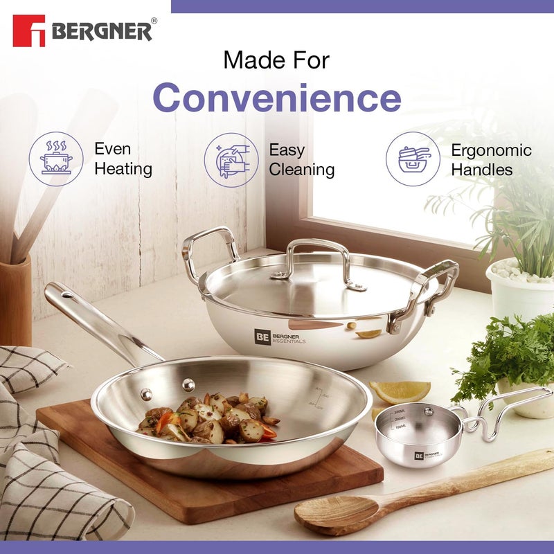 مجموعة أدوات مطبخ Bergner TriPro مكونة من 4 قطع مصنوعة من فولاذ مقاوم للصدأ مزدوج الطبقات: مقلاة عميقة بقطر 22 سم مزودة بغطاء، مقلاة صغيرة بقطر 22 سم، ومقلاة تدكا بقطر 10 سم، تساعد في استخدام كميات أقل من الزيت وتوفر طريقة طهي صحية، مع توزيع حراري متساوٍ، مناسبة للمواقد الكهربائية والغازية. - Image 4