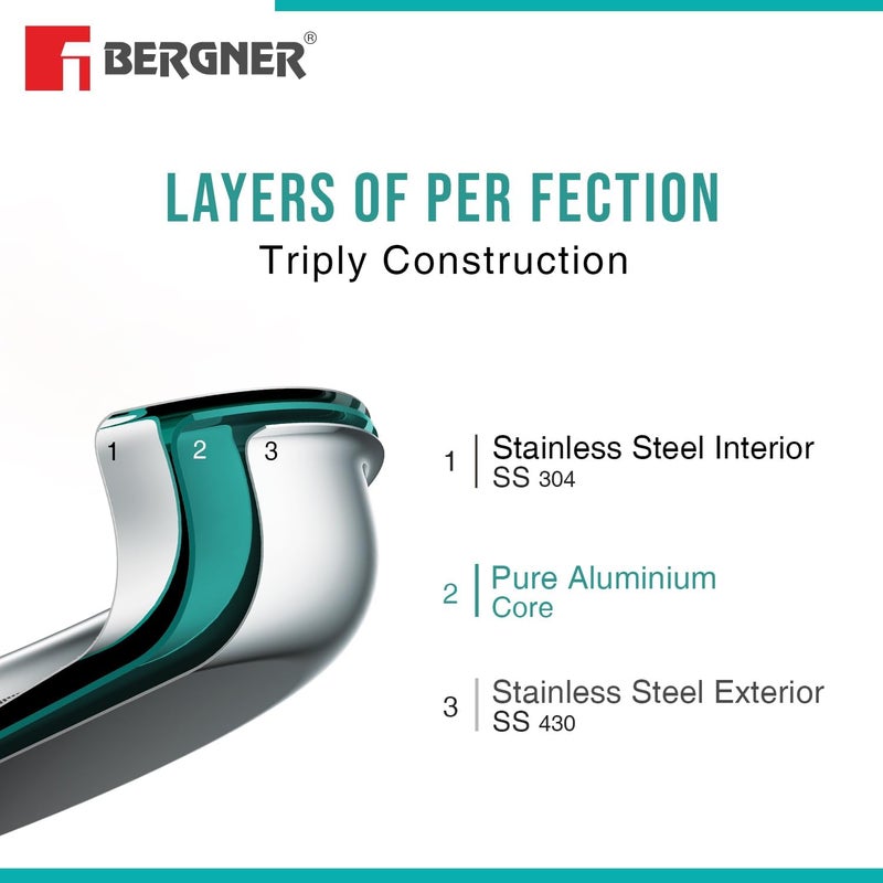 مجموعة أدوات مطبخ Bergner TriPro مكونة من 4 قطع مصنوعة من فولاذ مقاوم للصدأ مزدوج الطبقات: مقلاة عميقة بقطر 22 سم مزودة بغطاء، مقلاة صغيرة بقطر 22 سم، ومقلاة تدكا بقطر 10 سم، تساعد في استخدام كميات أقل من الزيت وتوفر طريقة طهي صحية، مع توزيع حراري متساوٍ، مناسبة للمواقد الكهربائية والغازية. - Image 3