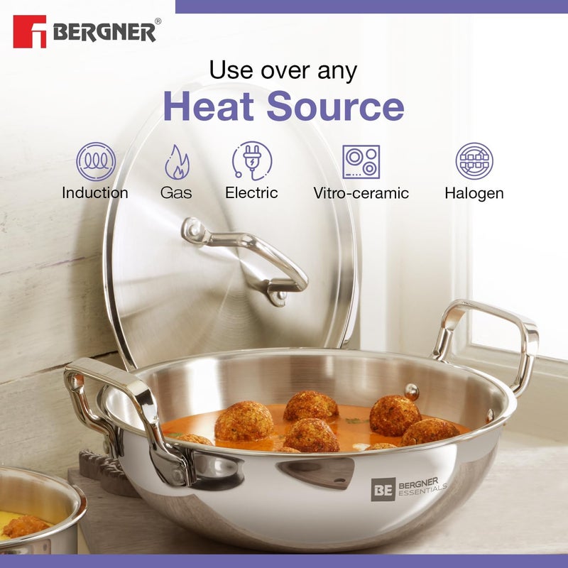 مجموعة أدوات مطبخ Bergner TriPro مكونة من 4 قطع مصنوعة من فولاذ مقاوم للصدأ مزدوج الطبقات: مقلاة عميقة بقطر 22 سم مزودة بغطاء، مقلاة صغيرة بقطر 22 سم، ومقلاة تدكا بقطر 10 سم، تساعد في استخدام كميات أقل من الزيت وتوفر طريقة طهي صحية، مع توزيع حراري متساوٍ، مناسبة للمواقد الكهربائية والغازية. - Image 5