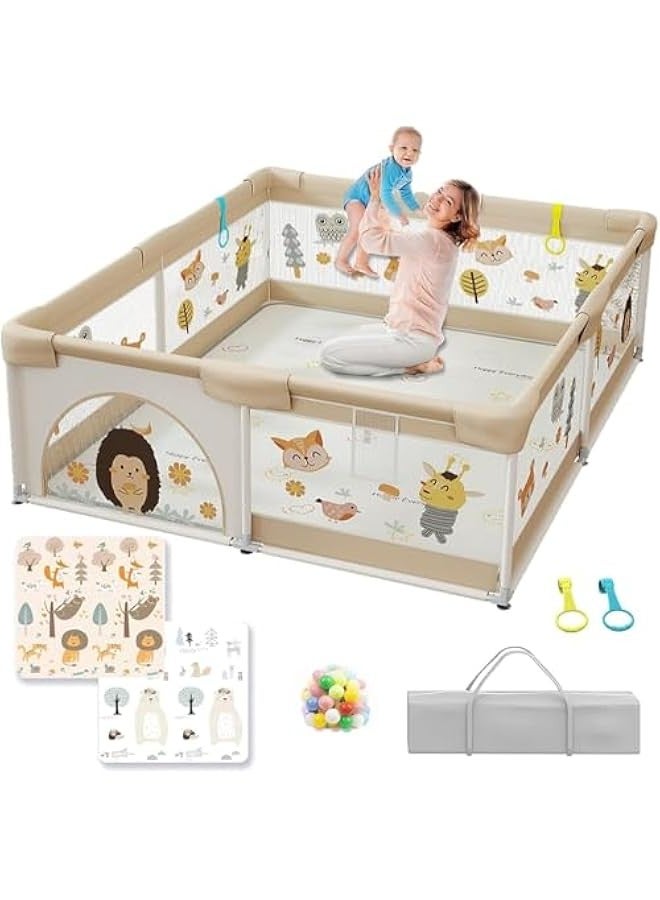 Baby Playpen with Mat - Baby and Toddler Fence, 180 x 200cm Baby Fence Play Area, Children's Playground, Portable Children's Activity Centre, Non-Slip Suction Cups and Soft, Breathable - Image 1