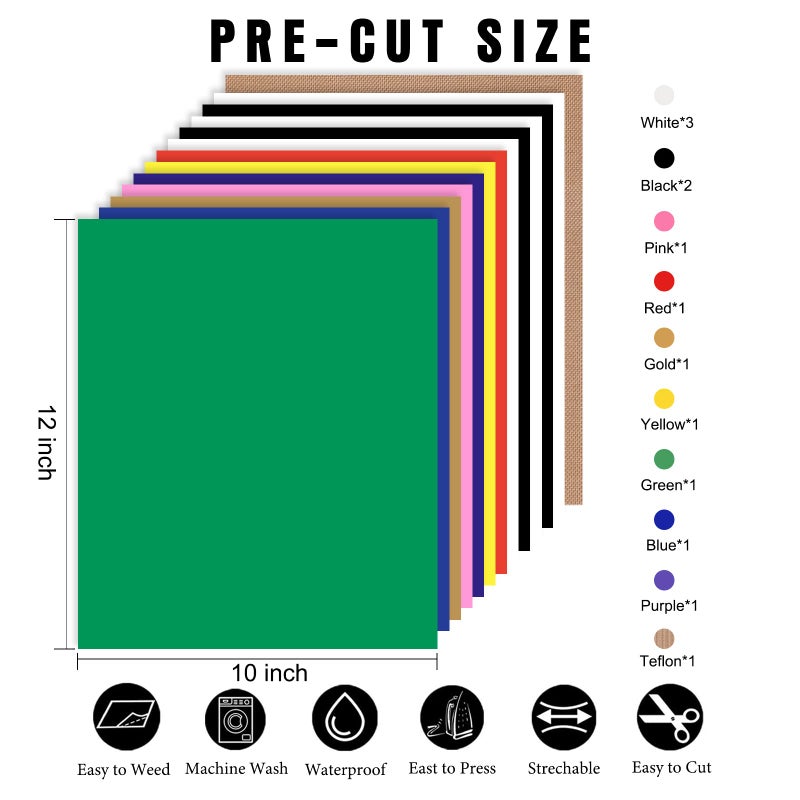 XSEINO HTV Heat Transfer Vinyl for T-Shirts 12"x10" -13Pack Perfect Iron On Vinyl for Cricut, Silhouette Cameo or Heat Press Machine - 9 Assorted Colors Iron on Vinyl(Total 12in*10ft) - Image 2