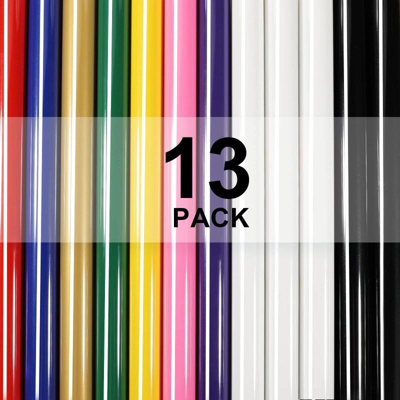 XSEINO HTV Heat Transfer Vinyl for T-Shirts 12"x10" -13Pack Perfect Iron On Vinyl for Cricut, Silhouette Cameo or Heat Press Machine - 9 Assorted Colors Iron on Vinyl(Total 12in*10ft) - Image 1