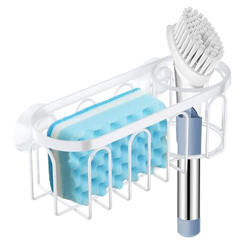 Yazoni 2-in-1 Sponge Holder for Kitchen Sink, Sink Caddy Kitchen Sink Organizer with 3 Suction Cups, No Drill Rustproof Sink Sponge Holder for Dish Brush, Soap & Sponge (White) - Image 1