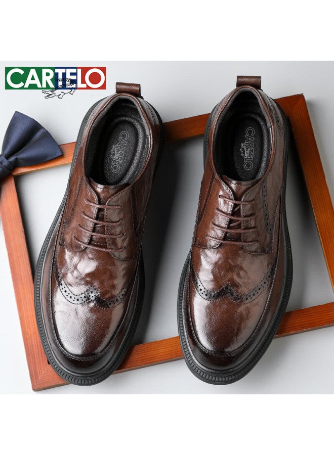 Cartelo Men's Brogue Leather Shoes Hand-grained Soft Cowhide Men's Shoes Increased Thick-soled Formal Shoes Leather Shoes Men 9745 Brown 42 - Image 1