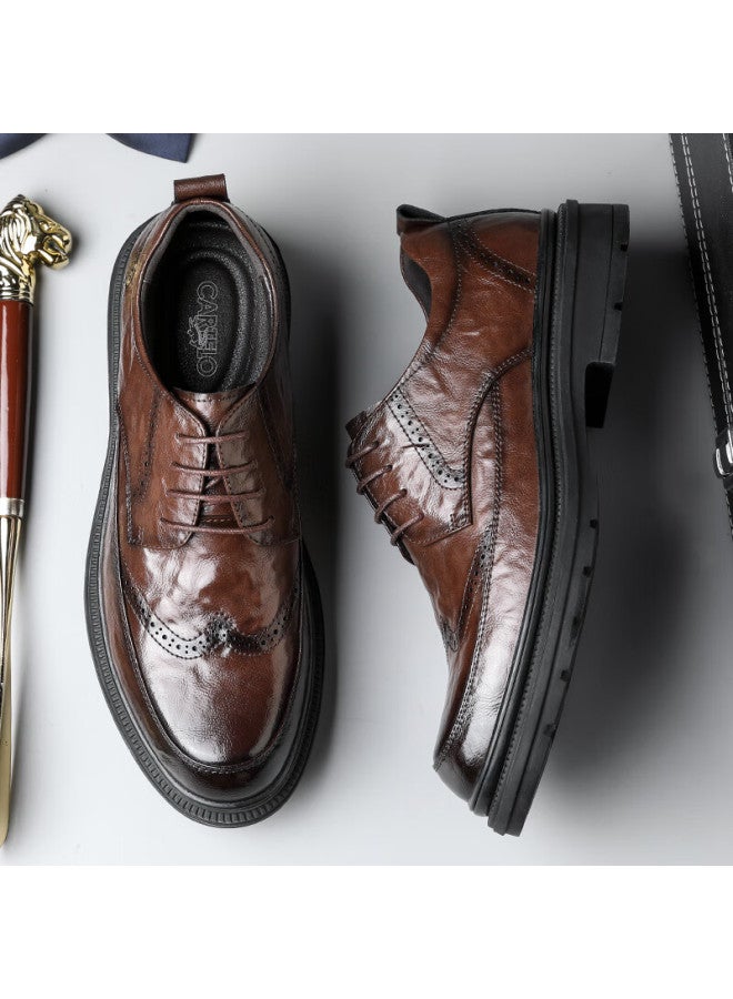 Cartelo Men's Brogue Leather Shoes Hand-grained Soft Cowhide Men's Shoes Increased Thick-soled Formal Shoes Leather Shoes Men 9745 Brown 42 - Image 2