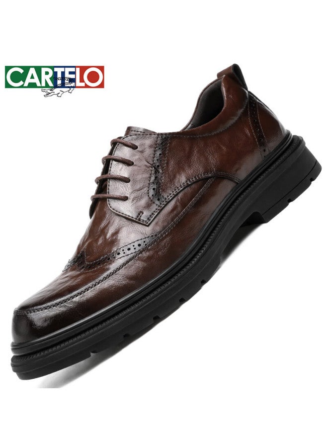 Cartelo Men's Brogue Leather Shoes Hand-grained Soft Cowhide Men's Shoes Increased Thick-soled Formal Shoes Leather Shoes Men 9745 Brown 42 - Image 3