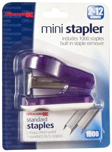 Officemate Mini Stapler with 1000 Standard Staples Comes in Assorted Colors RedBlueGreenPurple 97753
