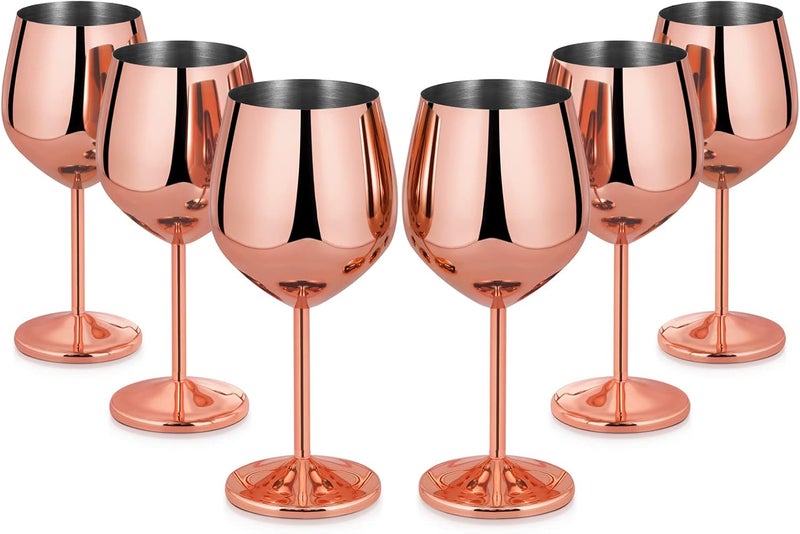 Lifecapido Stainless Steel Stem Wine Glasses Set of 6, 18oz Copper Wine Glasses, Stainless Steel Wine Goblets with Cup Brush for Party Office Wedding Anniversary, Great for Red White Wine(Rose Gold) - Image 1