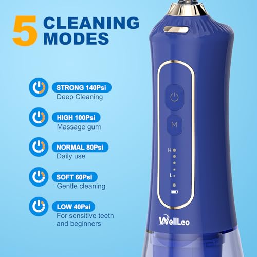 WellLeo Water Flosser for Teeth, 300ML Cordless Oral Irrigator Rechargeable Dental Flosser Picks with 5 Modes 5 Jet Tips,IPX7 Waterproof Teeth Cleaner for Braces Gum Care, Home Travel Use - Image 2