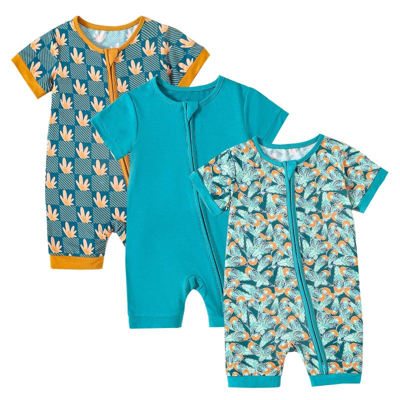 OPAWO Baby Girl Pajamas 3 Pack, 2 Way Zipper Sleepers Baby Girl Girl Romper, Toddler Summer Clothes Outfits 0-24M(Flower/Leaf/Lake Blue,0-3 Months) - Image 1