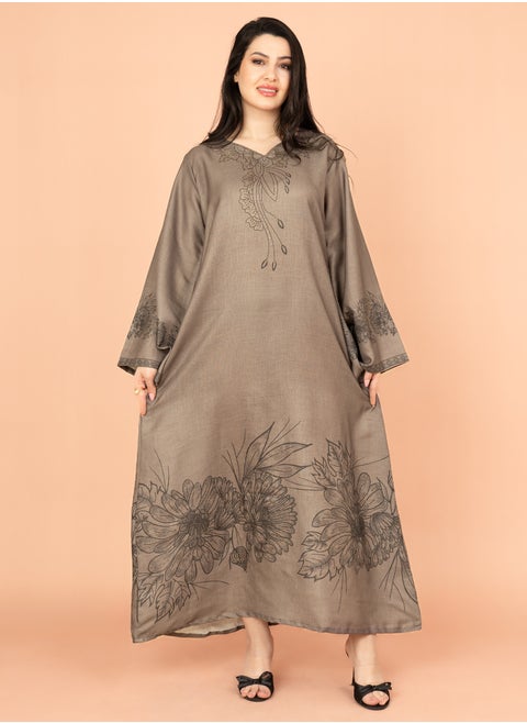 Embellished Floral Touch Solid Jalabiya IN1024 Grey