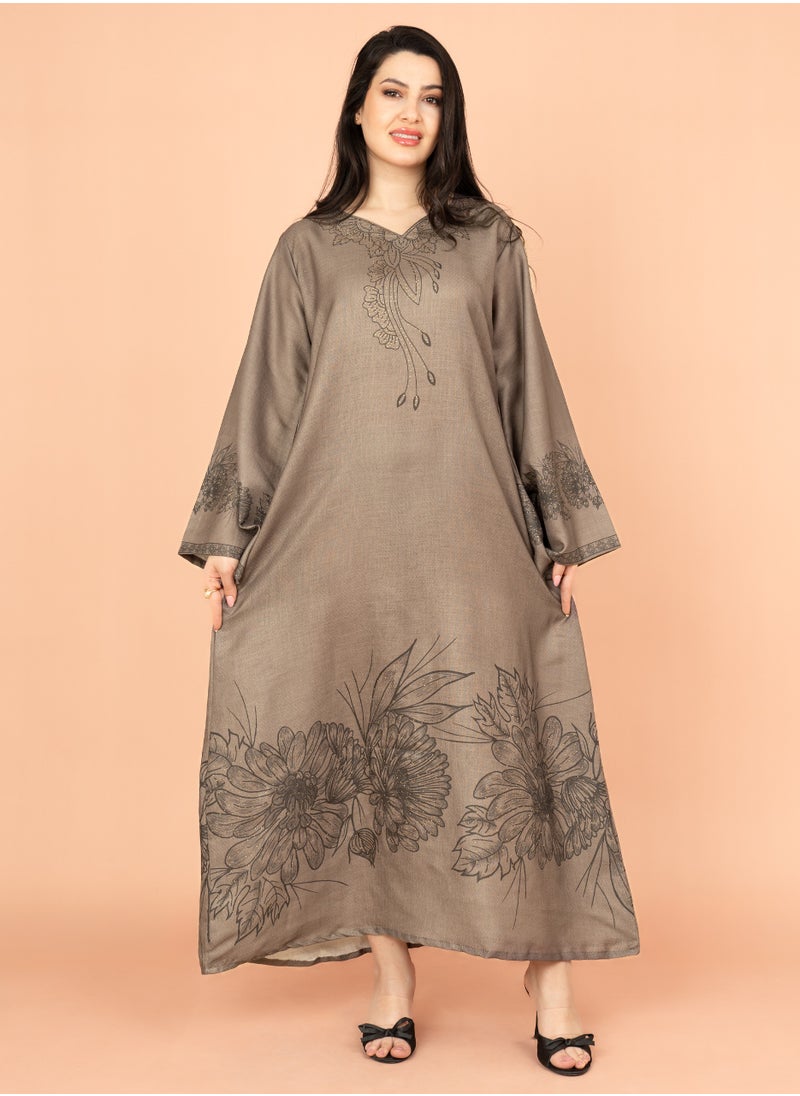 IKKXA Embellished Floral Touch Solid Jalabiya IN1024 Grey  - Image 1