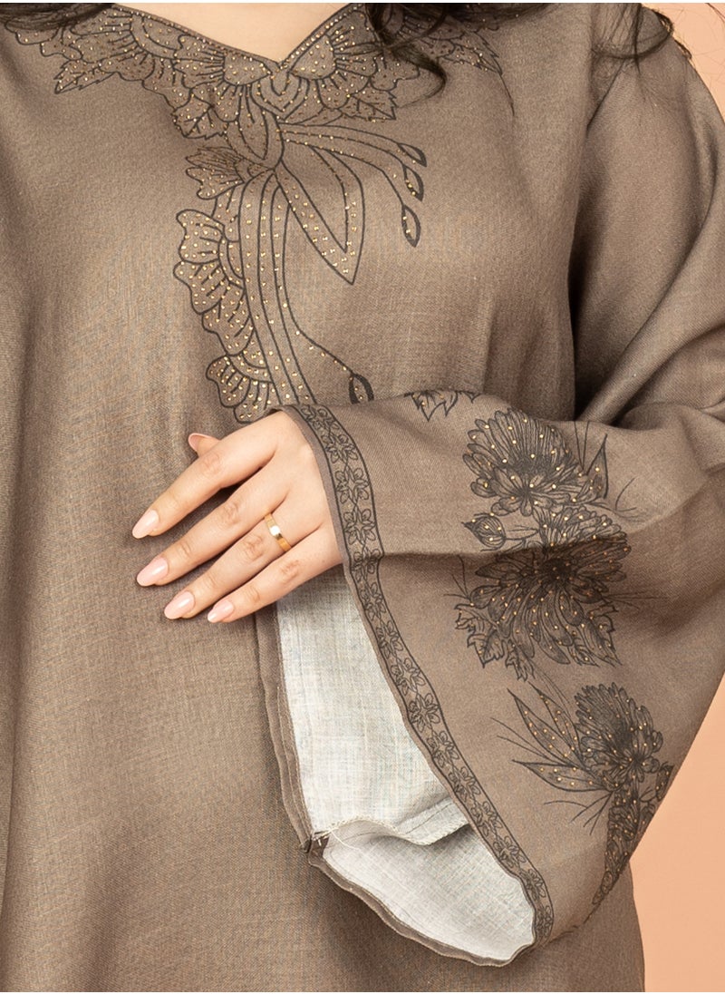 IKKXA Embellished Floral Touch Solid Jalabiya IN1024 Grey  - Image 2