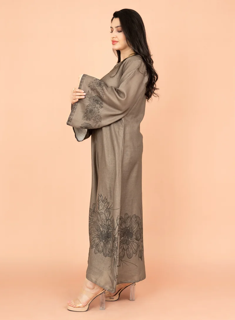 IKKXA Embellished Floral Touch Solid Jalabiya IN1024 Grey