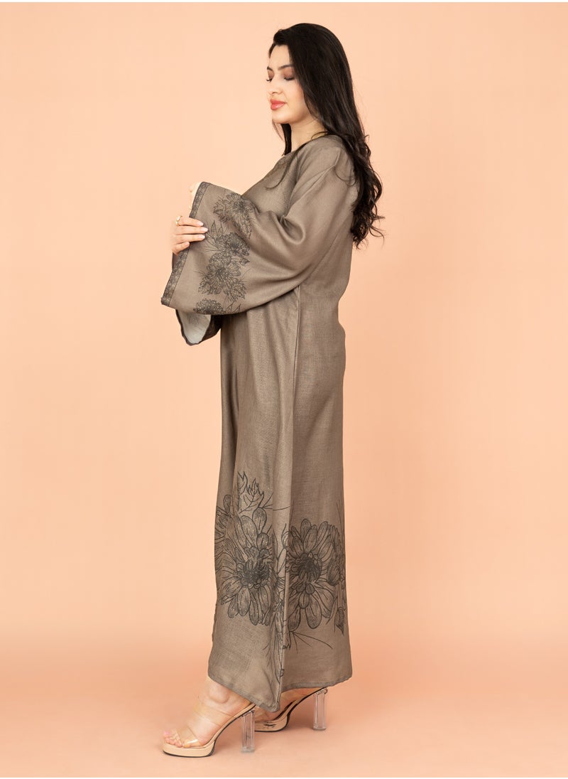 IKKXA Embellished Floral Touch Solid Jalabiya IN1024 Grey  - Image 3