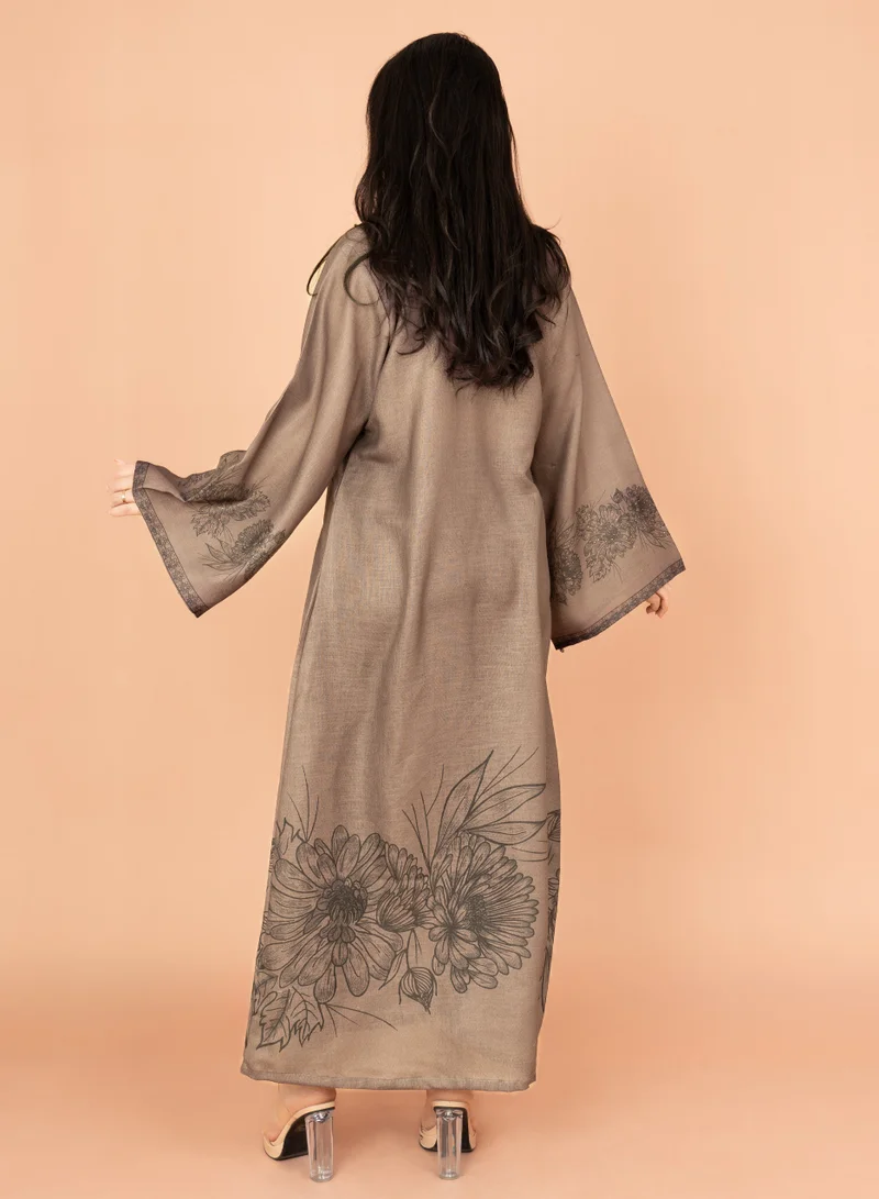 IKKXA Embellished Floral Touch Solid Jalabiya IN1024 Grey