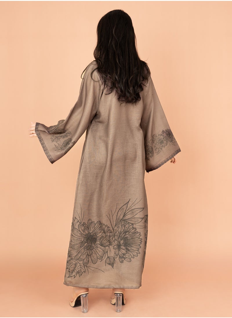 IKKXA Embellished Floral Touch Solid Jalabiya IN1024 Grey  - Image 4