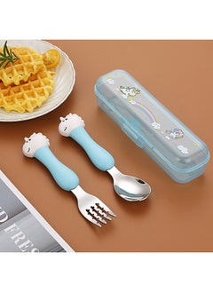 Children's 304 Stainless Steel Portable Tableware Cartoon Spoon Fork Learning And Training Chopsticks Dinosaur Baby Fork Spoon Set-Specifications:Tableware-Color:[Large] Blue Handle Unicorn Fork Spoon Set