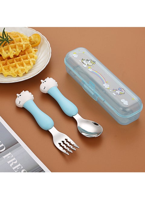 Children's 304 Stainless Steel Portable Tableware Cartoon Spoon Fork Learning And Training Chopsticks Dinosaur Baby Fork Spoon Set-Specifications:Tableware-Color:[Large] Blue Handle Unicorn Fork Spoon Set