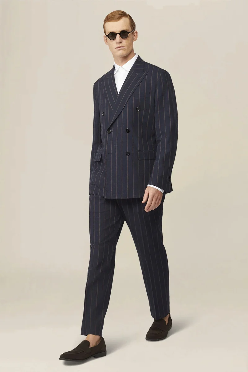 Doppelganger Unlined double-breasted men's jacket with pinstripe pattern - Blue