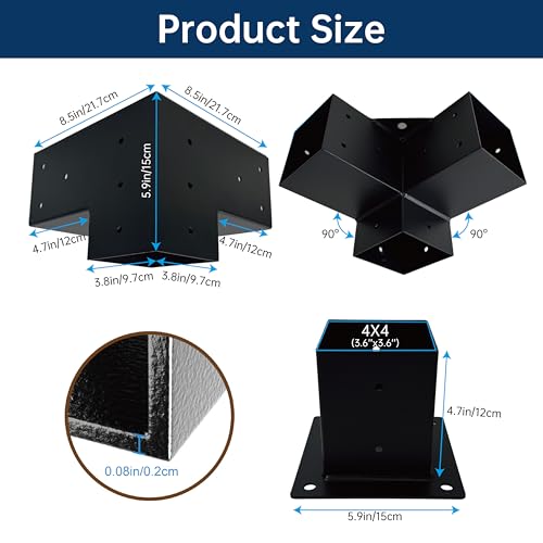 MEWSDEN Pergola Bracket Kit 4x4, 4pcs 3-Way Right Angle Corner Bracket and 4pcs Base, Heavy Duty Corner Bracket DIY Shed Kit, for Gazebo, Pergolas, Wood Stand Sheds, Metal Gazebo Kits, with Screws - Image 2