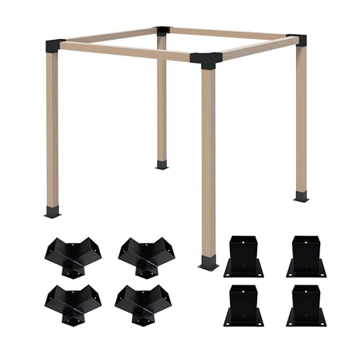 MEWSDEN Pergola Bracket Kit 4x4, 4pcs 3-Way Right Angle Corner Bracket and 4pcs Base, Heavy Duty Corner Bracket DIY Shed Kit, for Gazebo, Pergolas, Wood Stand Sheds, Metal Gazebo Kits, with Screws - Image 1