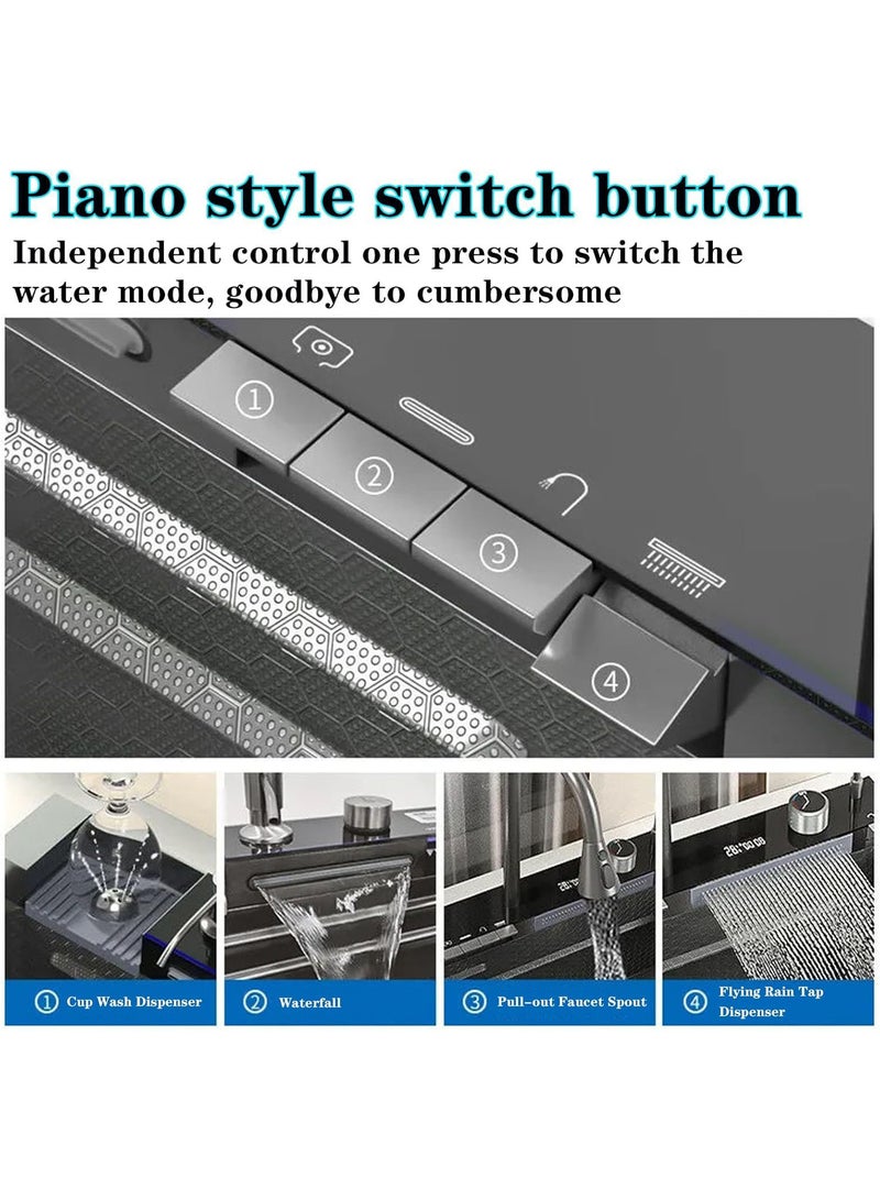 Monda 11-Piece Kitchen Honeycomb Sink Drop-In Single Bowl Stainless Steel Sink Waterfall Smart Sink with Pull-Out Faucet and Various Accessories (75x46cm) - Image 4