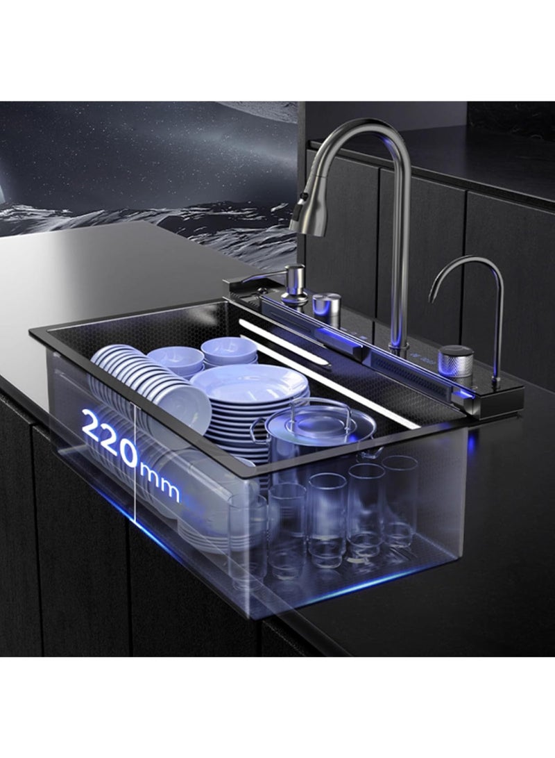 Monda 11-Piece Kitchen Honeycomb Sink Drop-In Single Bowl Stainless Steel Sink Waterfall Smart Sink with Pull-Out Faucet and Various Accessories (75x46cm) - Image 2